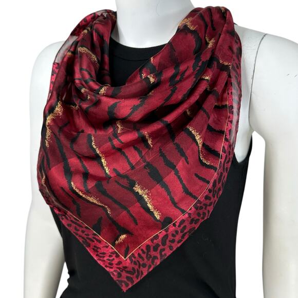 Adrienne Vittadini Red Animal Print Silk Scarf Tiger Cheetah Leopard 21"x21" - Picture 1 of 9